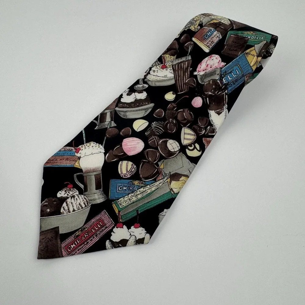 VTG Nicole Miller Ghirardelli Chocolate Novelty Tie Silk Dessert 1995
